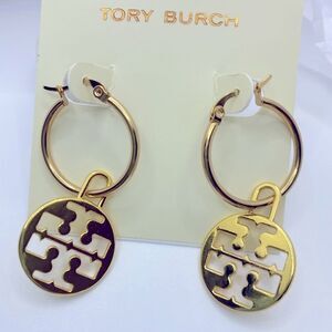 NWOT Tory Burch Gold Logo Pendant Hoop Charm Earrings